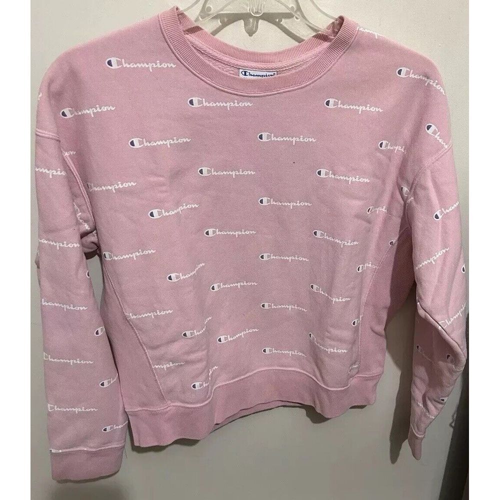 Champion Reverse Weave Women Crewneck Sweatshirt Logo All‎ Over Script Print  L